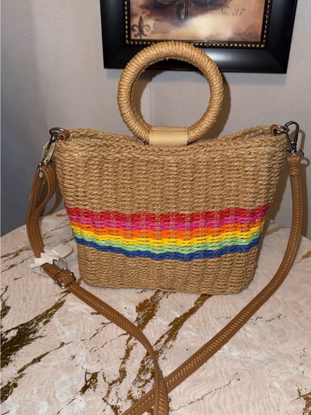 Woven Straw Rainbow-Stripe Handbag - Natural